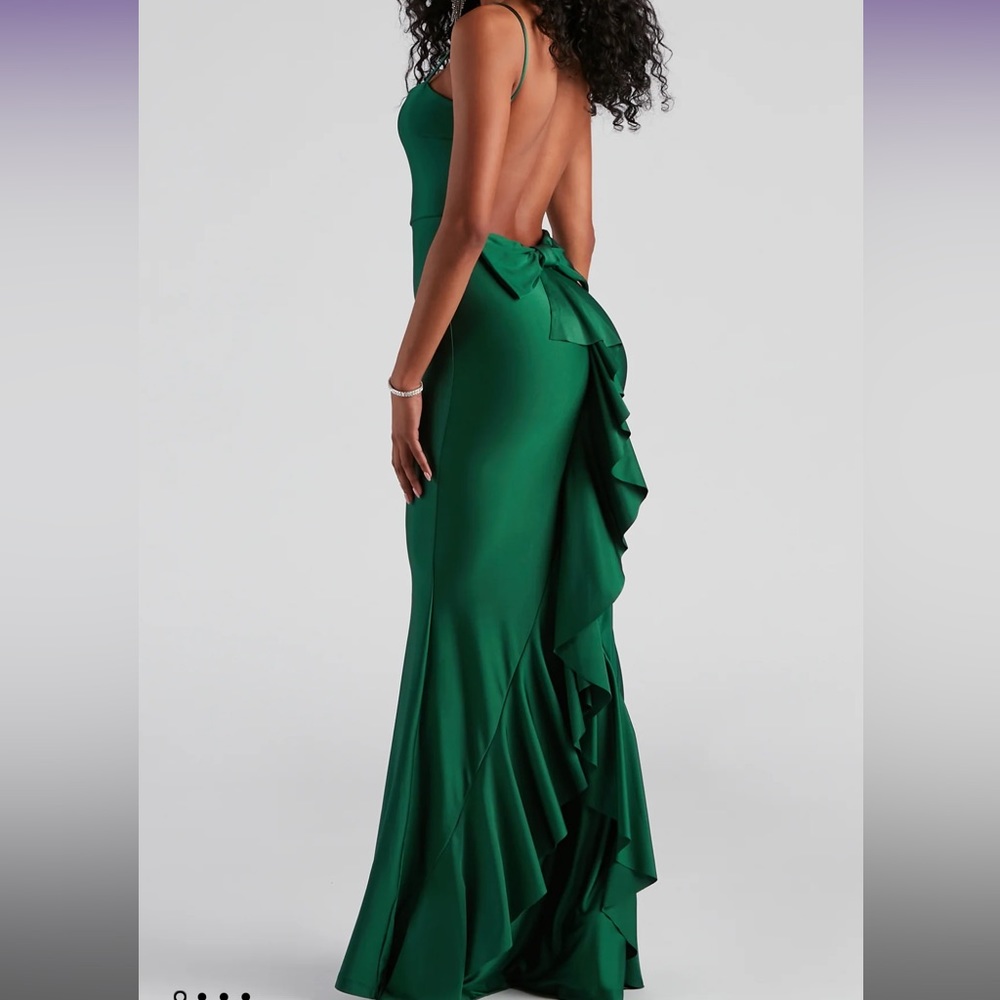 Meadow Formal Open Back Ruffled dresses in hunter green. L & XL
